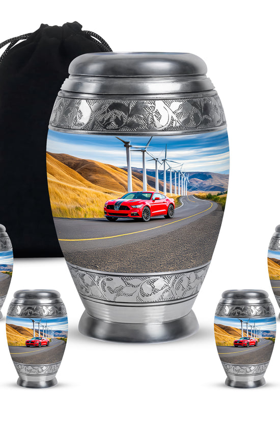 Soft Blue Car Cremation Urn detail view - majestic car pattern with filigree border - memorial set with one large and four small urns