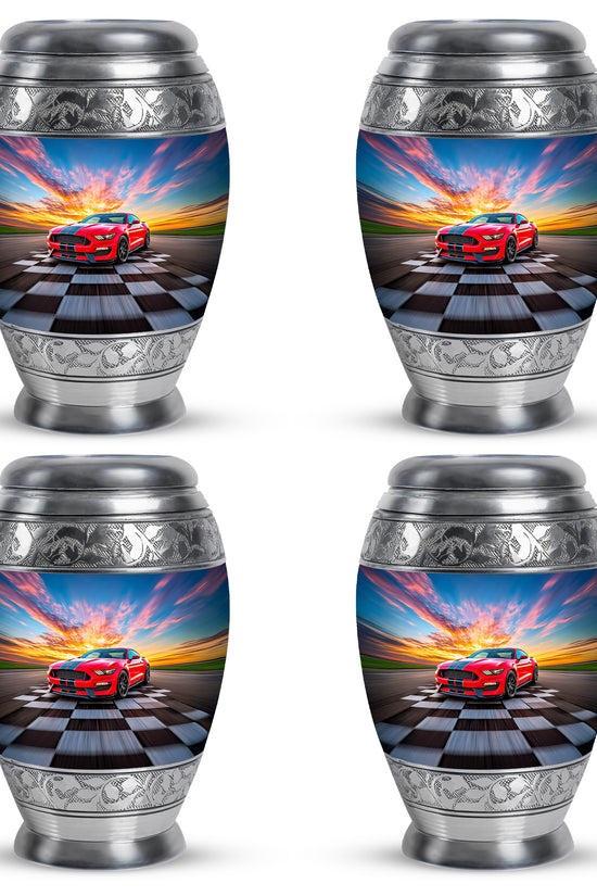 Serene Blue Car Cremation Urn urn with complimentary velvet bag - majestic car pattern with filigree border - 10 inch aluminum urn for cremated remains