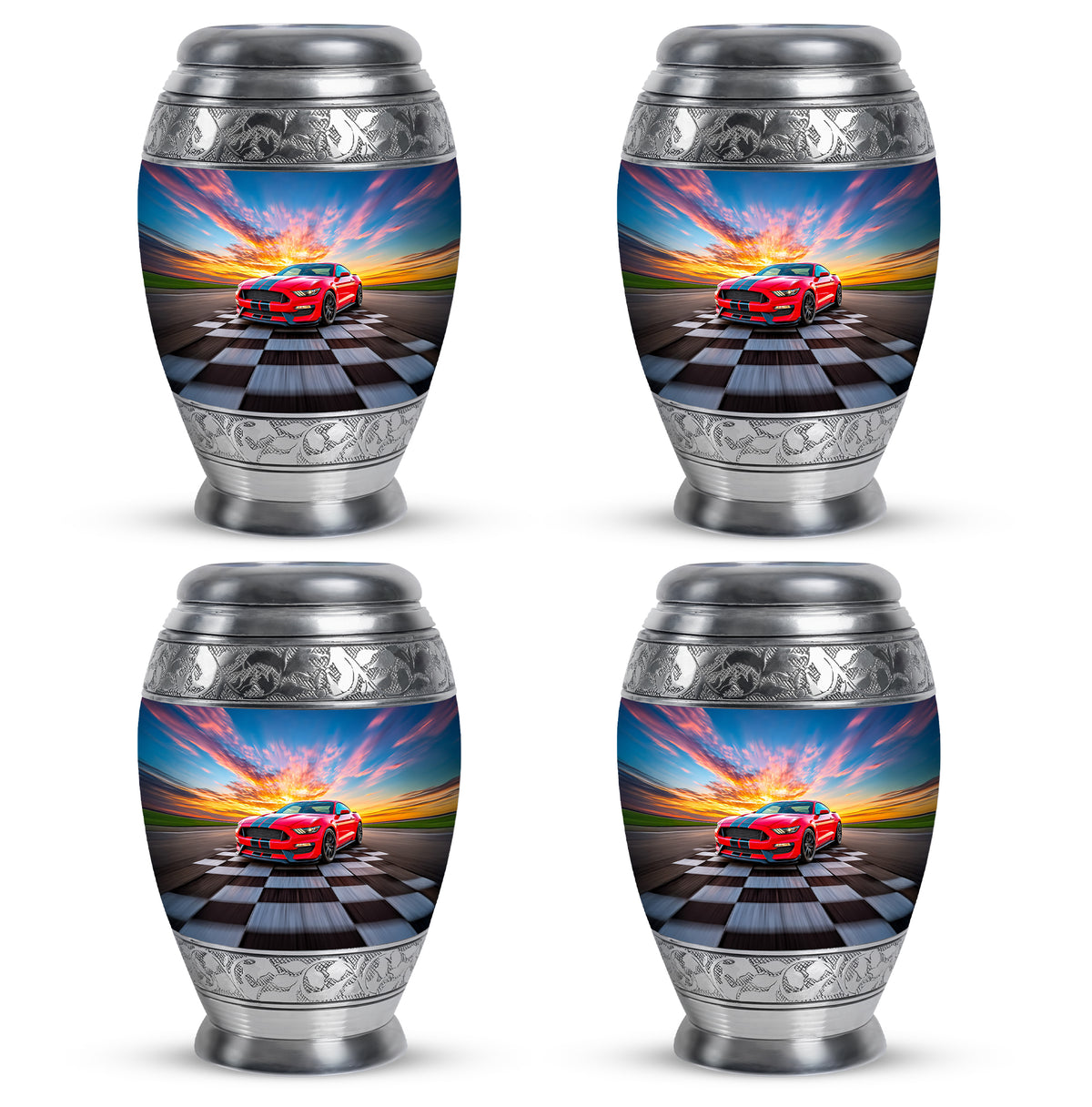 Serene Blue Car Cremation Urn urn with complimentary velvet bag - majestic car pattern with filigree border - 10 inch aluminum urn for cremated remains