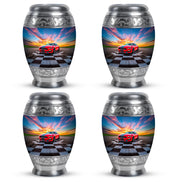 Serene Blue Car Cremation Urn urn with complimentary velvet bag - majestic car pattern with filigree border - 10 inch aluminum urn for cremated remains