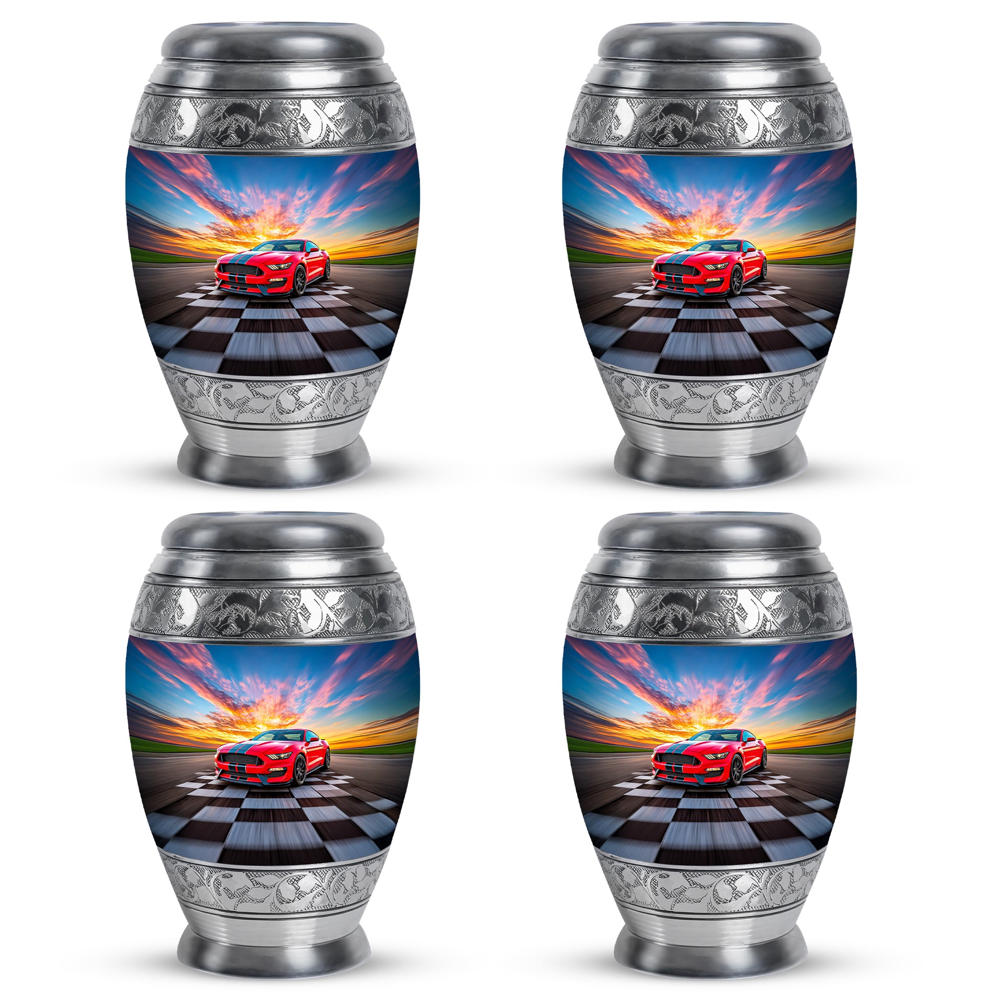 Serene Blue Car Cremation Urn urn with complimentary velvet bag - majestic car pattern with filigree border - 10 inch aluminum urn for cremated remains