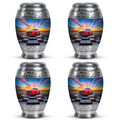 Serene Blue Car Cremation Urn urn with complimentary velvet bag - majestic car pattern with filigree border - 10 inch aluminum urn for cremated remains