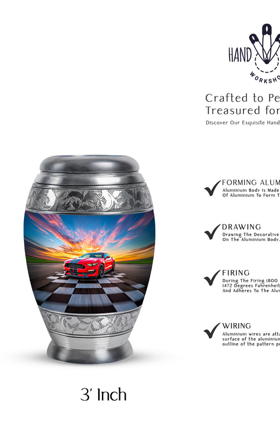Navy Blue Car Cremation Urn lifestyle display on memorial shelf - ornate monarch-style car relief on brushed aluminum - mini keepsake memorial for portion of cremation ashes