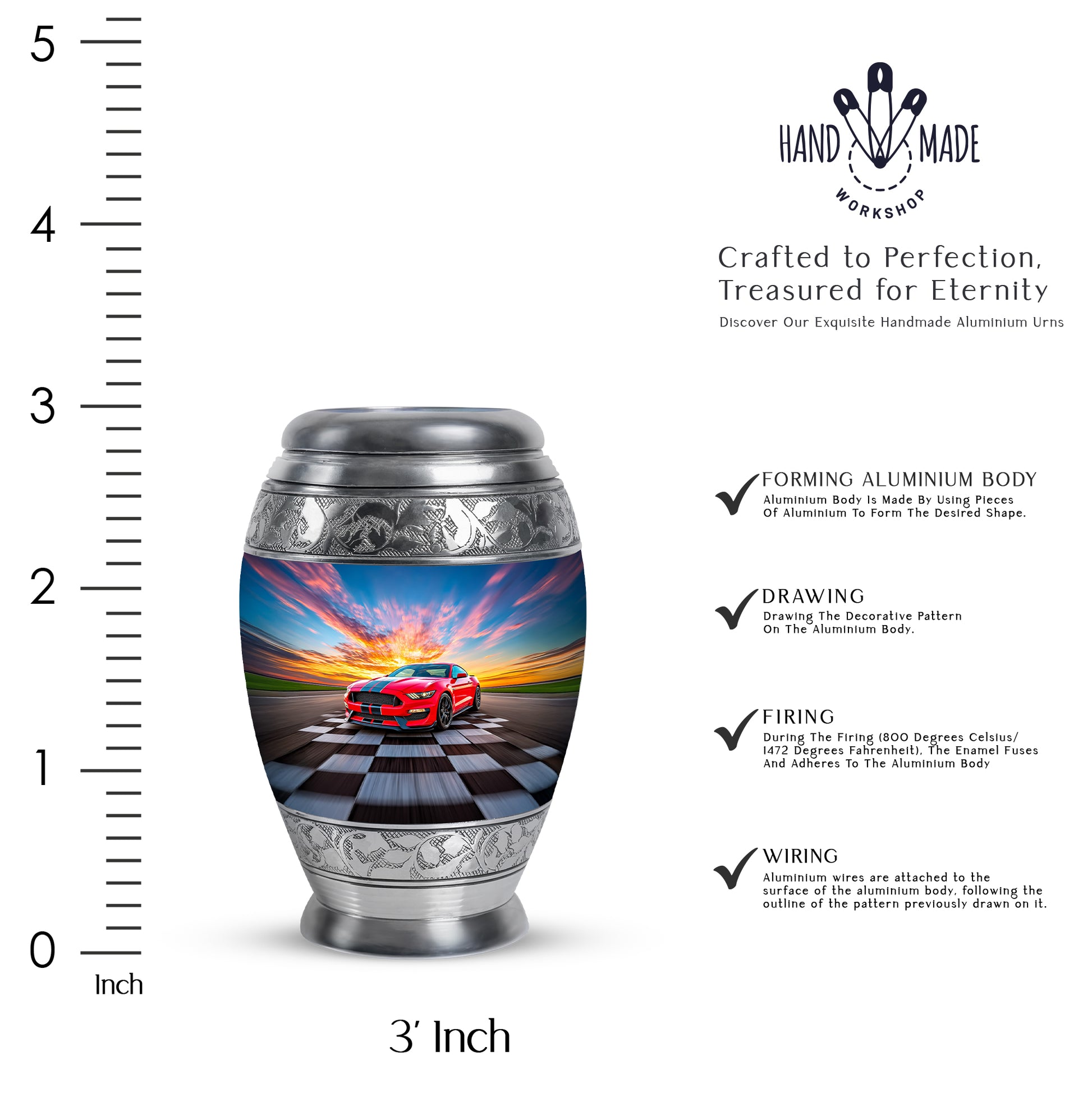 Navy Blue Car Cremation Urn lifestyle display on memorial shelf - ornate monarch-style car relief on brushed aluminum - mini keepsake memorial for portion of cremation ashes