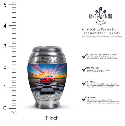 Navy Blue Car Cremation Urn lifestyle display on memorial shelf - ornate monarch-style car relief on brushed aluminum - mini keepsake memorial for portion of cremation ashes