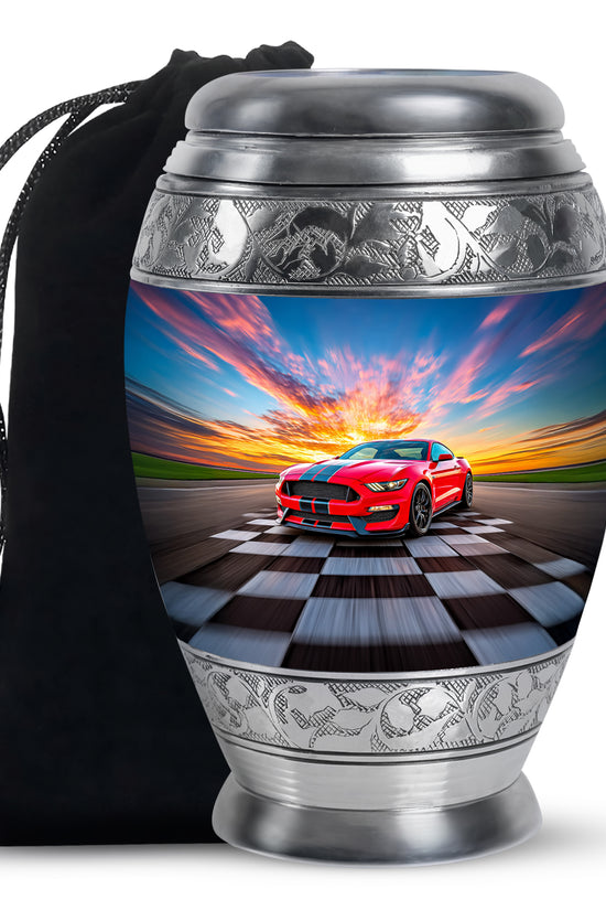 Indigo Car Cremation Urn back view with polished surface - regal car design with crown-inspired accents - full-size 10 inch 200 cubic inch adult cremation urn