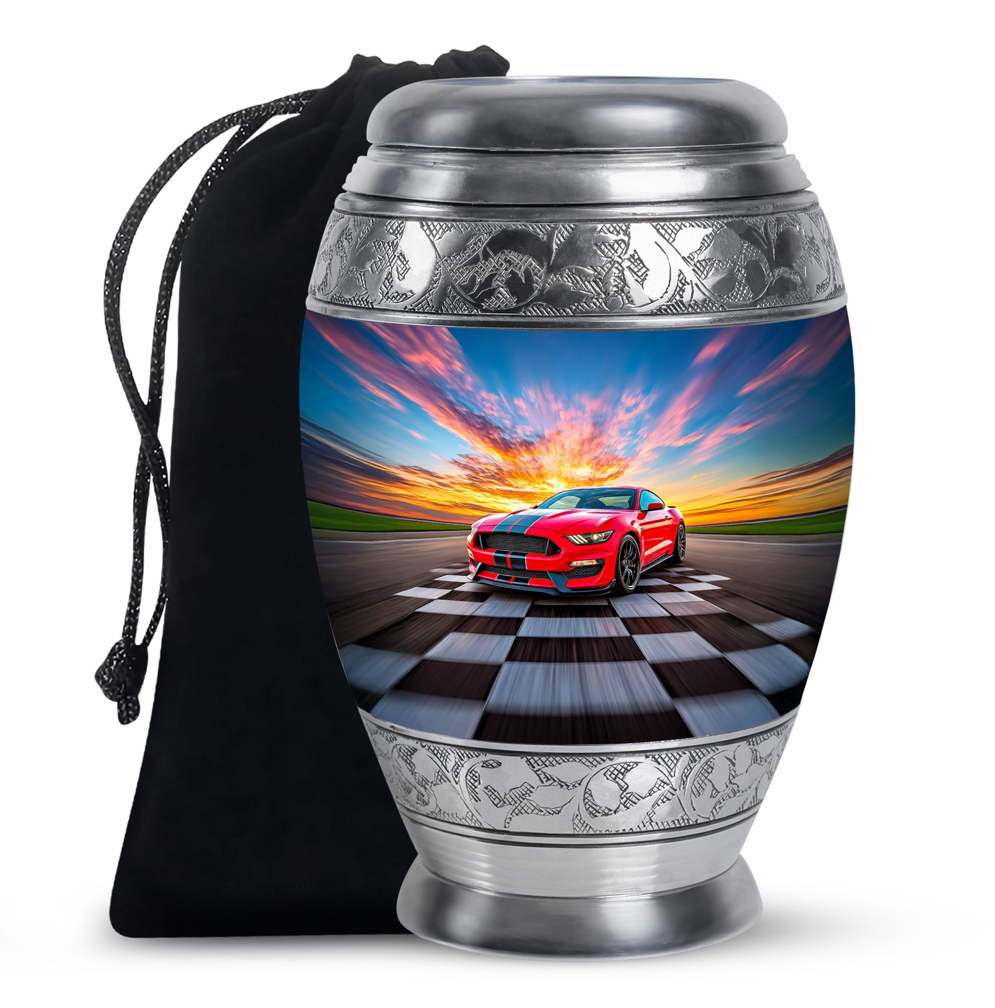 Indigo Car Cremation Urn back view with polished surface - regal car design with crown-inspired accents - full-size 10 inch 200 cubic inch adult cremation urn