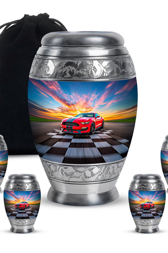 Dusty Blue Car Cremation Urn detail view - regal car design with crown-inspired accents - memorial set with one large and four small urns