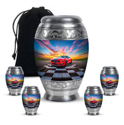 Dusty Blue Car Cremation Urn detail view - regal car design with crown-inspired accents - memorial set with one large and four small urns