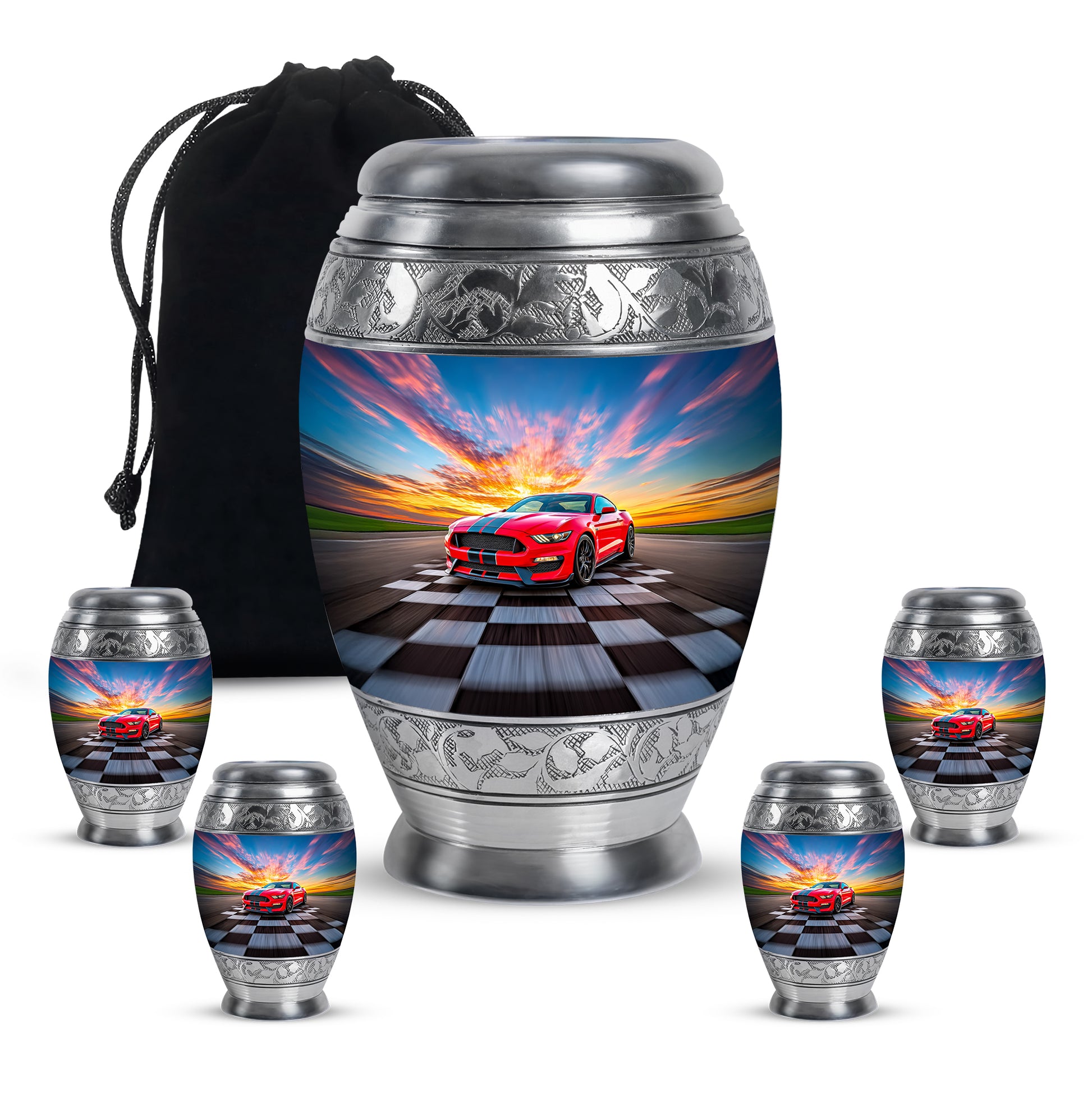 Dusty Blue Car Cremation Urn detail view - regal car design with crown-inspired accents - memorial set with one large and four small urns