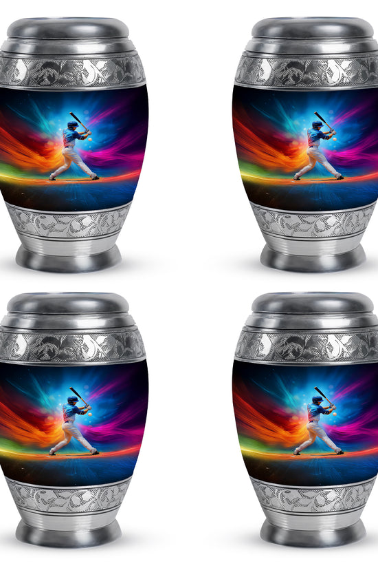 Pastel Blue Baseball Cremation Urn urn with complimentary velvet bag - ornate monarch-style baseball relief on brushed aluminum - 10 inch aluminum urn for cremated remains