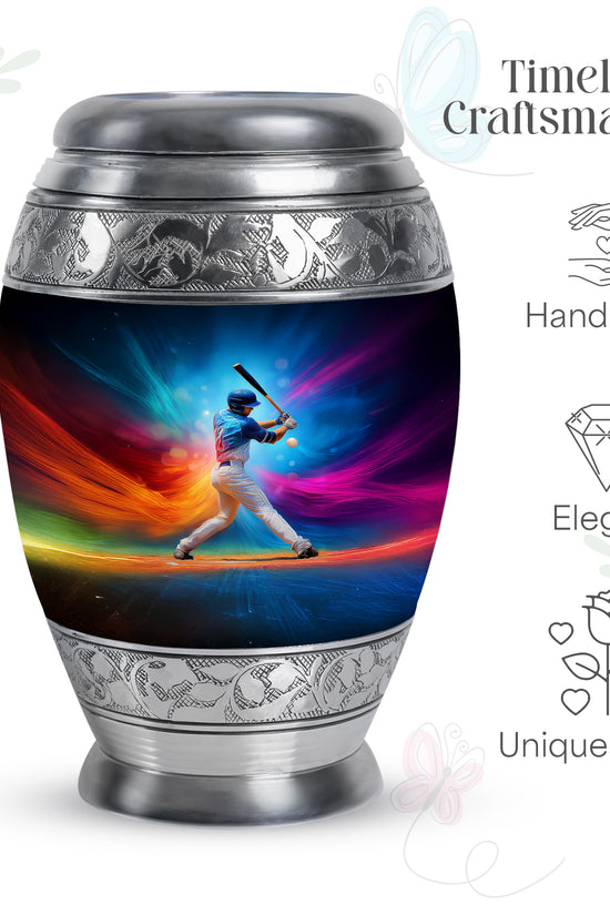 Dusty Blue Baseball Cremation Urn lifestyle display on memorial shelf - regal baseball design with crown-inspired accents - mini keepsake memorial for portion of cremation ashes