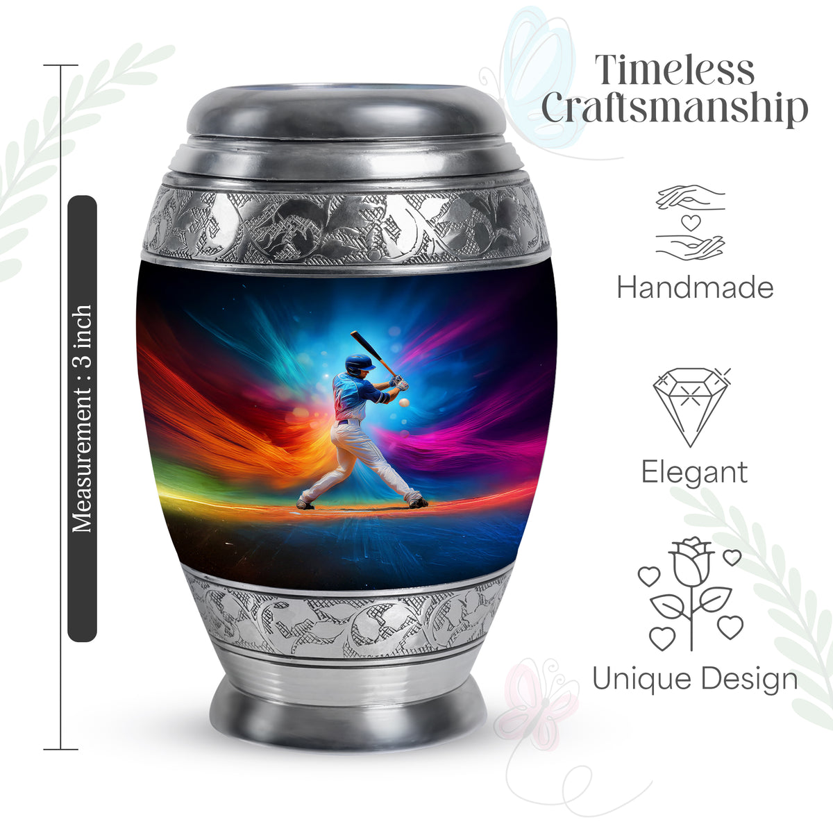 Dusty Blue Baseball Cremation Urn lifestyle display on memorial shelf - regal baseball design with crown-inspired accents - mini keepsake memorial for portion of cremation ashes