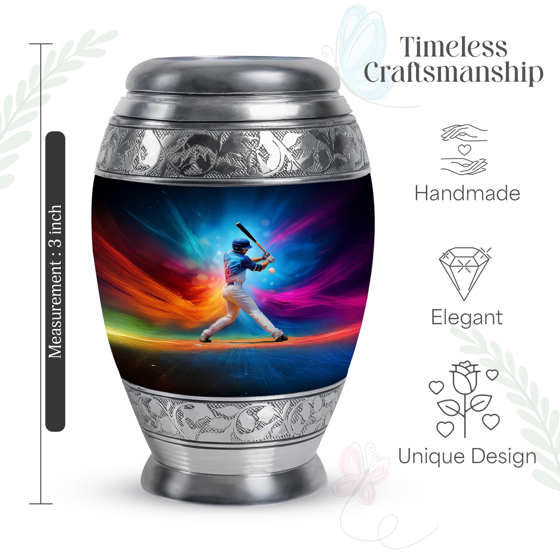 Dusty Blue Baseball Cremation Urn lifestyle display on memorial shelf - regal baseball design with crown-inspired accents - mini keepsake memorial for portion of cremation ashes