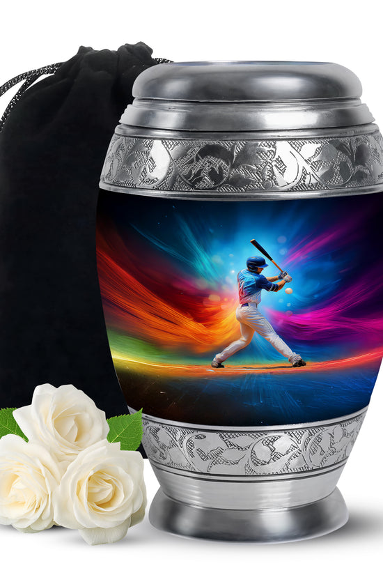 Icy Blue Baseball Cremation Urn back view with polished surface - regal baseball design with crown-inspired accents - full-size 10 inch 200 cubic inch adult cremation urn