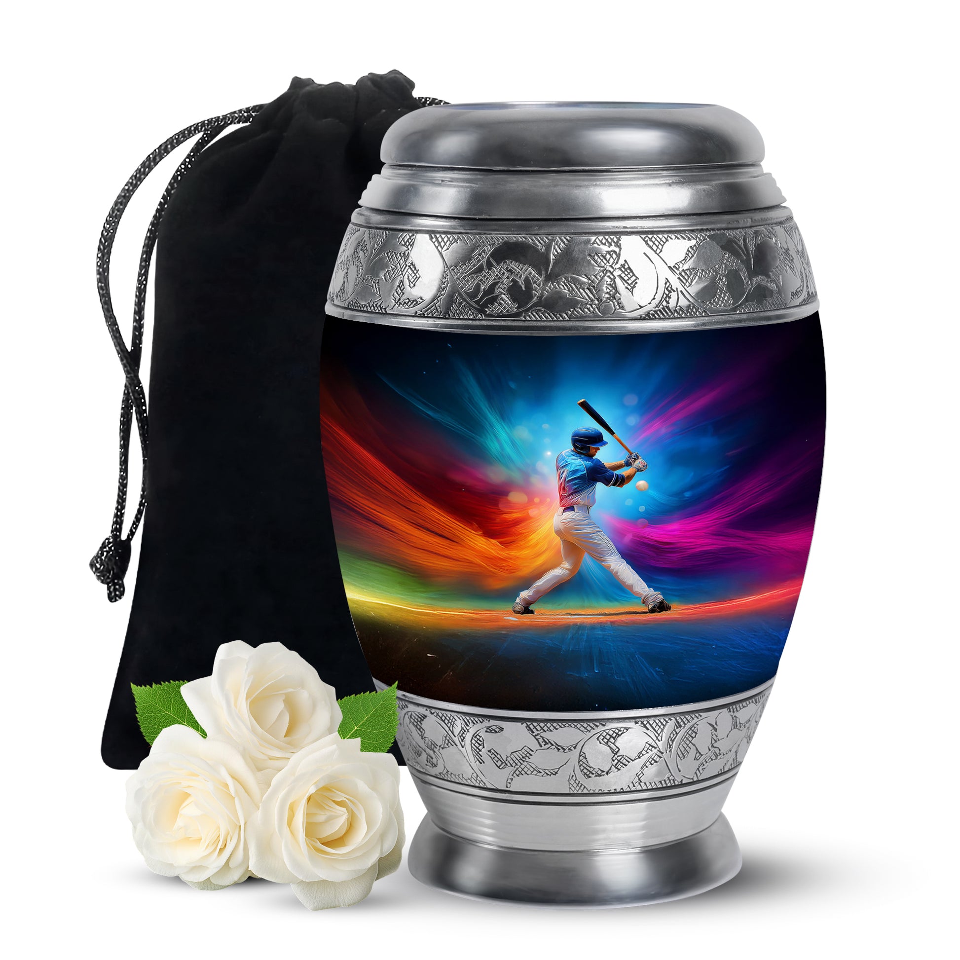 Icy Blue Baseball Cremation Urn back view with polished surface - regal baseball design with crown-inspired accents - full-size 10 inch 200 cubic inch adult cremation urn