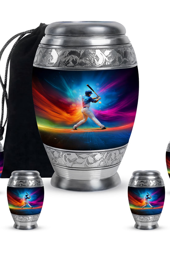 Pastel Blue Baseball Cremation Urn detail view - regal baseball design with crown-inspired accents - memorial set with one large and four small urns