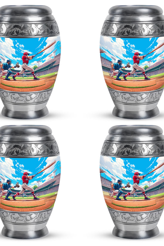 Sapphire Blue Baseball Cremation Urn urn with complimentary velvet bag - royal baseball engraving with decorative scrollwork - 10 inch aluminum urn for cremated remains
