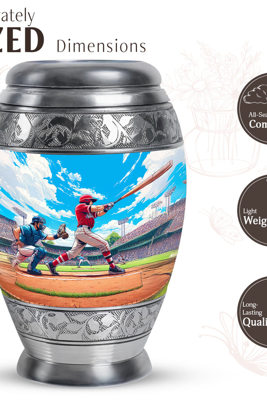 Calming Blue Baseball Cremation Urn lifestyle display on memorial shelf - royal baseball engraving with decorative scrollwork - mini keepsake memorial for portion of cremation ashes