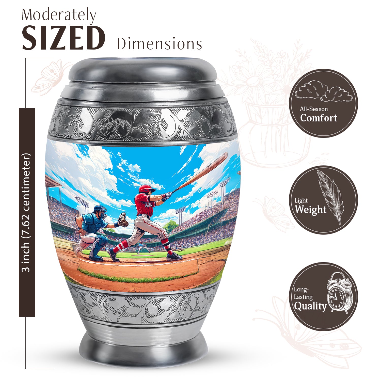 Calming Blue Baseball Cremation Urn lifestyle display on memorial shelf - royal baseball engraving with decorative scrollwork - mini keepsake memorial for portion of cremation ashes
