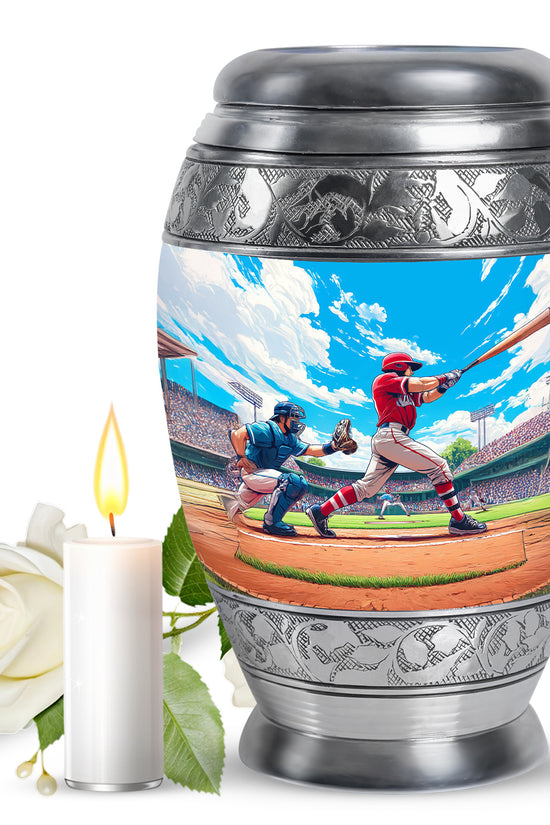 Serene Blue Baseball Cremation Urn back view with polished surface - majestic baseball pattern with filigree border - full-size 10 inch 200 cubic inch adult cremation urn
