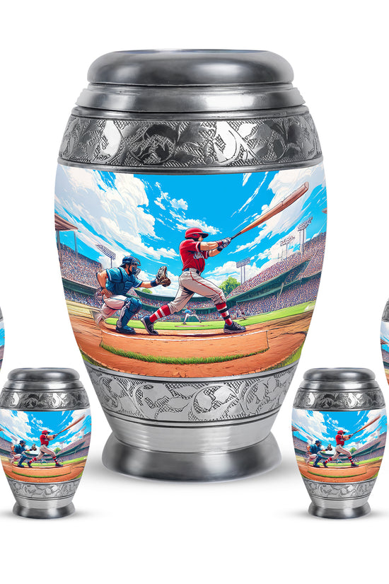 Sapphire Blue Baseball Cremation Urn detail view - majestic baseball pattern with filigree border - memorial set with one large and four small urns