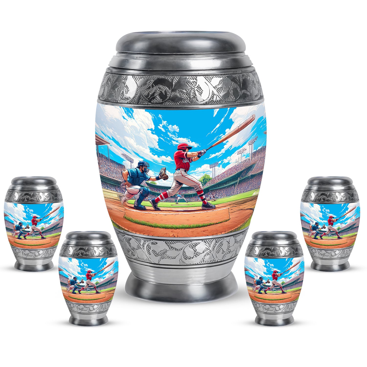 Sapphire Blue Baseball Cremation Urn detail view - majestic baseball pattern with filigree border - memorial set with one large and four small urns