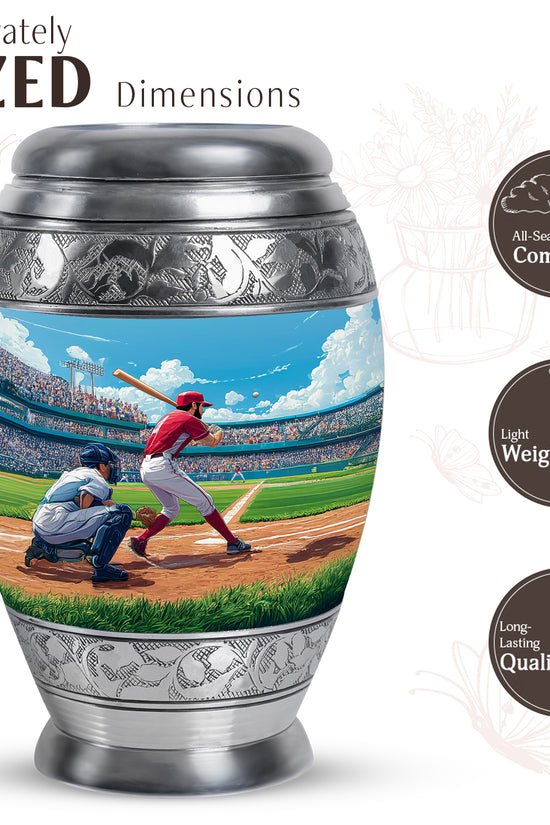 Indigo Baseball Cremation Urn lifestyle display on memorial shelf - regal baseball design with crown-inspired accents - mini keepsake memorial for portion of cremation ashes