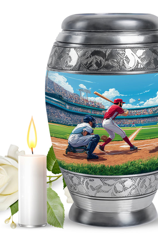 Dusty Blue Baseball Cremation Urn back view with polished surface - regal baseball design with crown-inspired accents - full-size 10 inch 200 cubic inch adult cremation urn