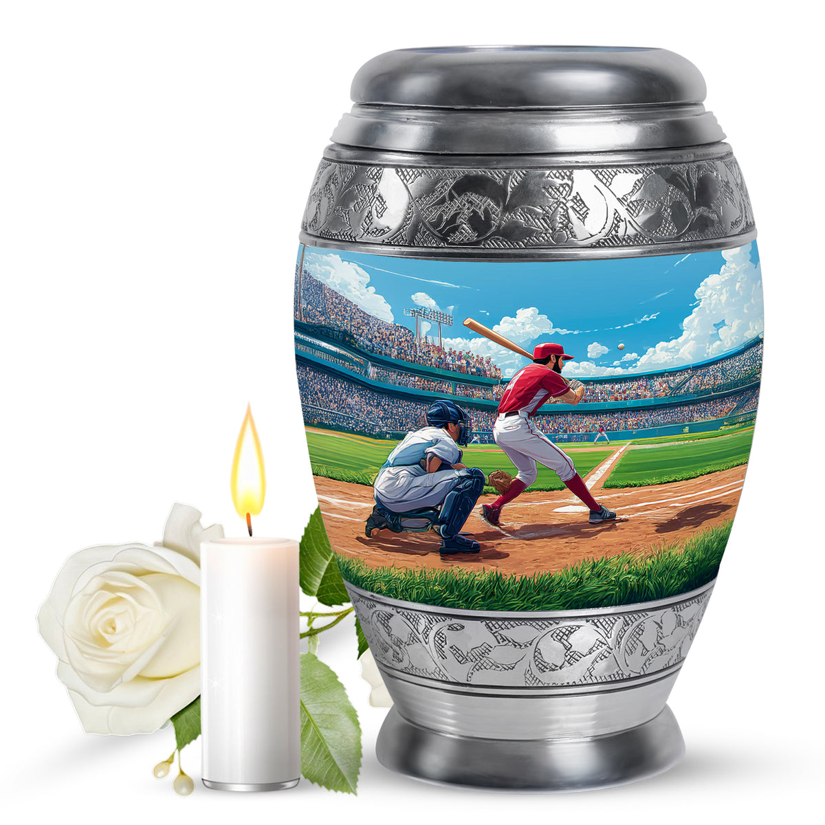 Dusty Blue Baseball Cremation Urn back view with polished surface - regal baseball design with crown-inspired accents - full-size 10 inch 200 cubic inch adult cremation urn