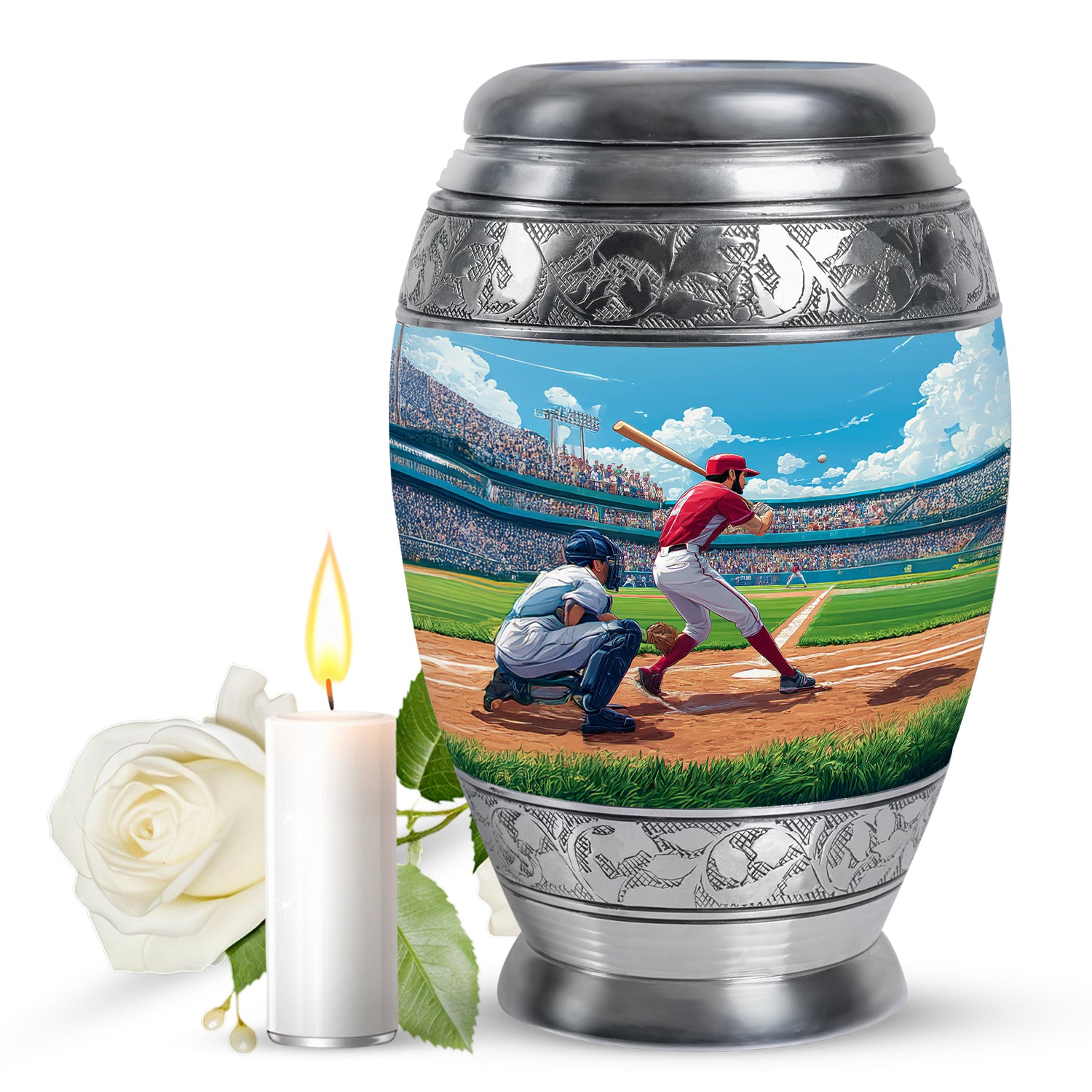 Dusty Blue Baseball Cremation Urn back view with polished surface - regal baseball design with crown-inspired accents - full-size 10 inch 200 cubic inch adult cremation urn