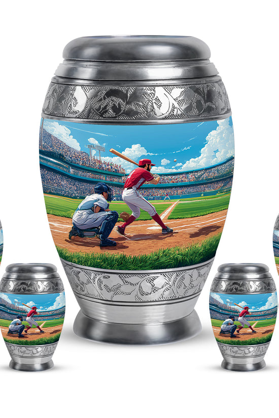 Serene Blue Baseball Cremation Urn detail view - royal baseball engraving with decorative scrollwork - memorial set with one large and four small urns