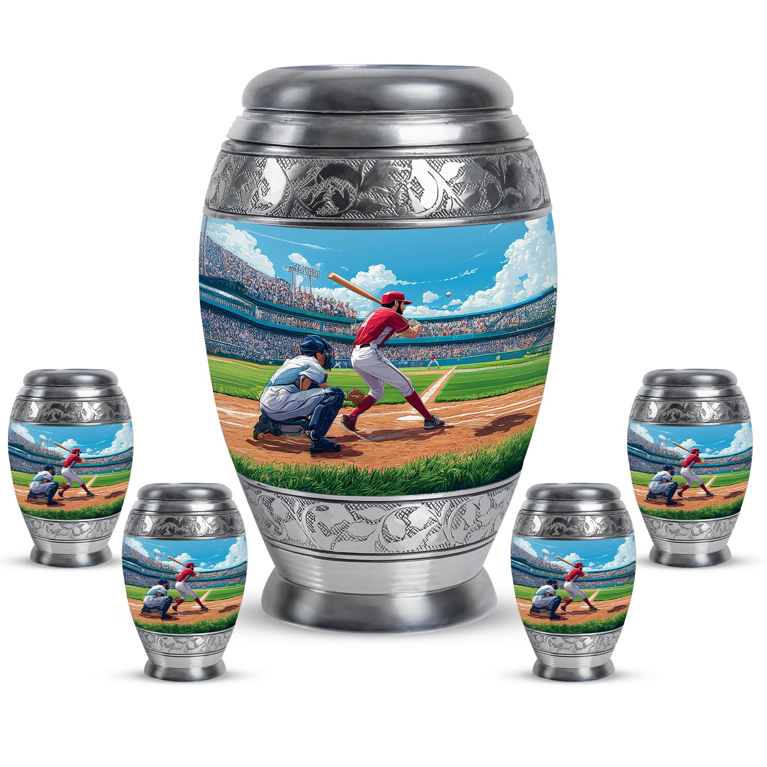 Serene Blue Baseball Cremation Urn detail view - royal baseball engraving with decorative scrollwork - memorial set with one large and four small urns