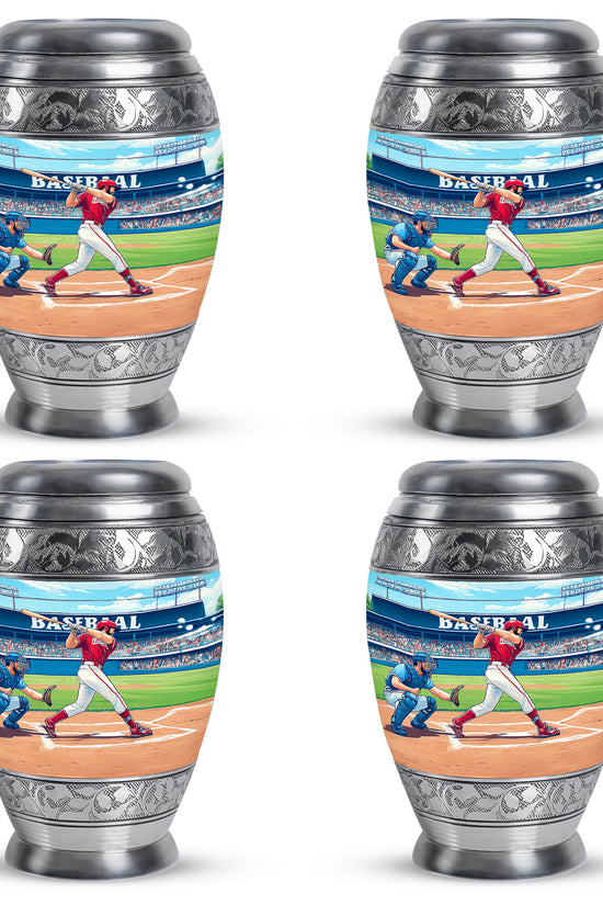 Mystic Teal Baseball Cremation Urn urn with complimentary velvet bag - royal baseball engraving with decorative scrollwork - 10 inch aluminum urn for cremated remains