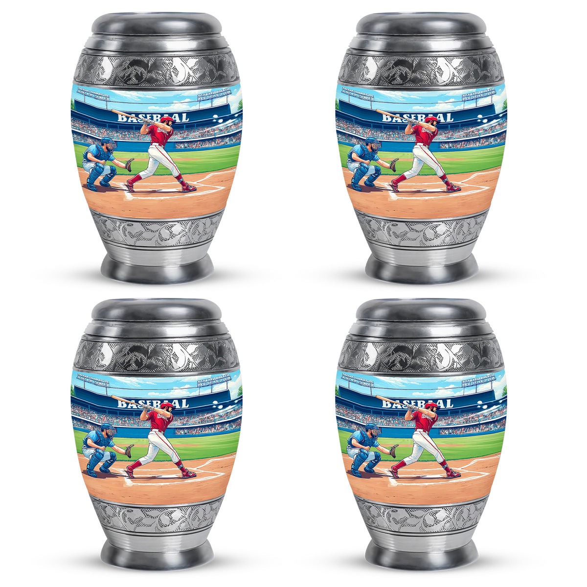 Mystic Teal Baseball Cremation Urn urn with complimentary velvet bag - royal baseball engraving with decorative scrollwork - 10 inch aluminum urn for cremated remains