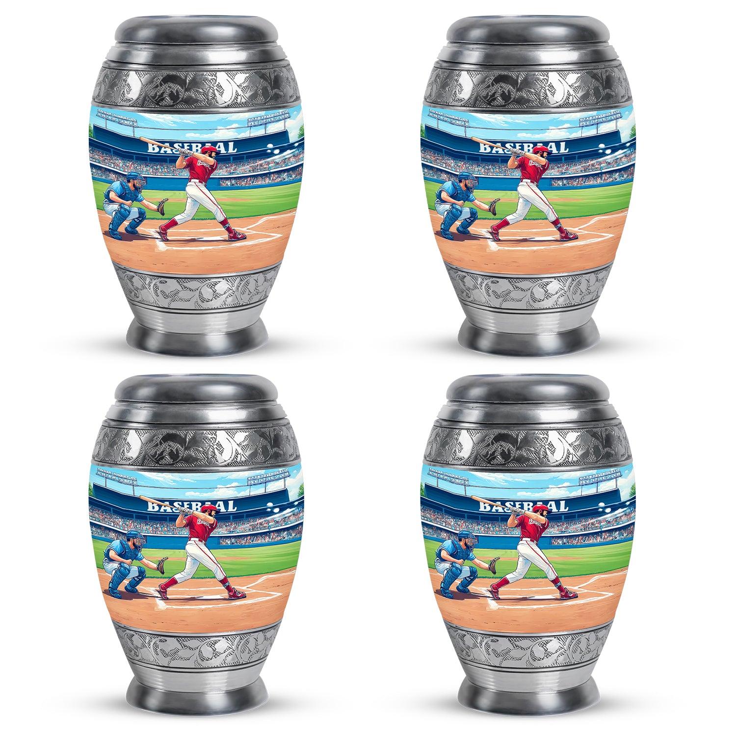 Mystic Teal Baseball Cremation Urn urn with complimentary velvet bag - royal baseball engraving with decorative scrollwork - 10 inch aluminum urn for cremated remains