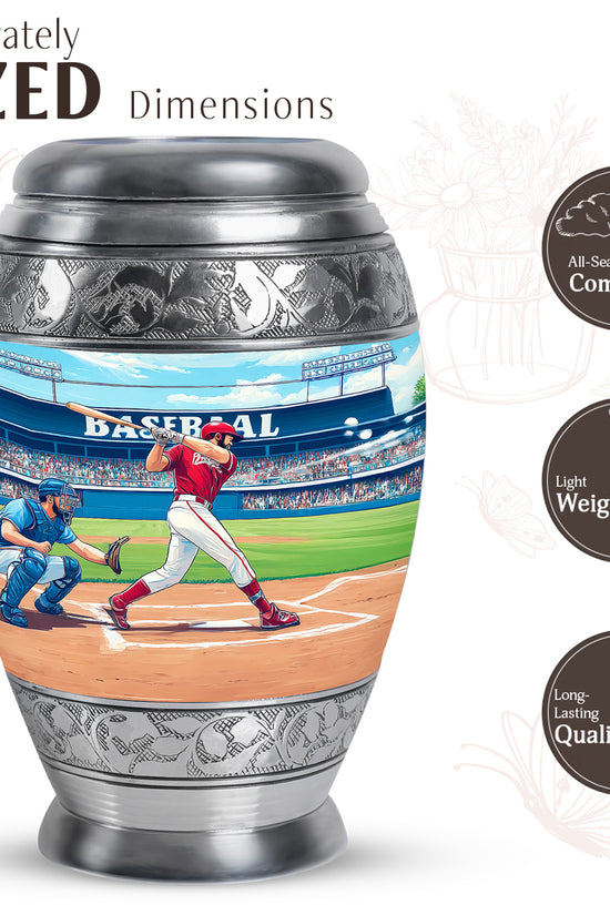 Tropical Teal Baseball Cremation Urn lifestyle display on memorial shelf - royal baseball engraving with decorative scrollwork - mini keepsake memorial for portion of cremation ashes