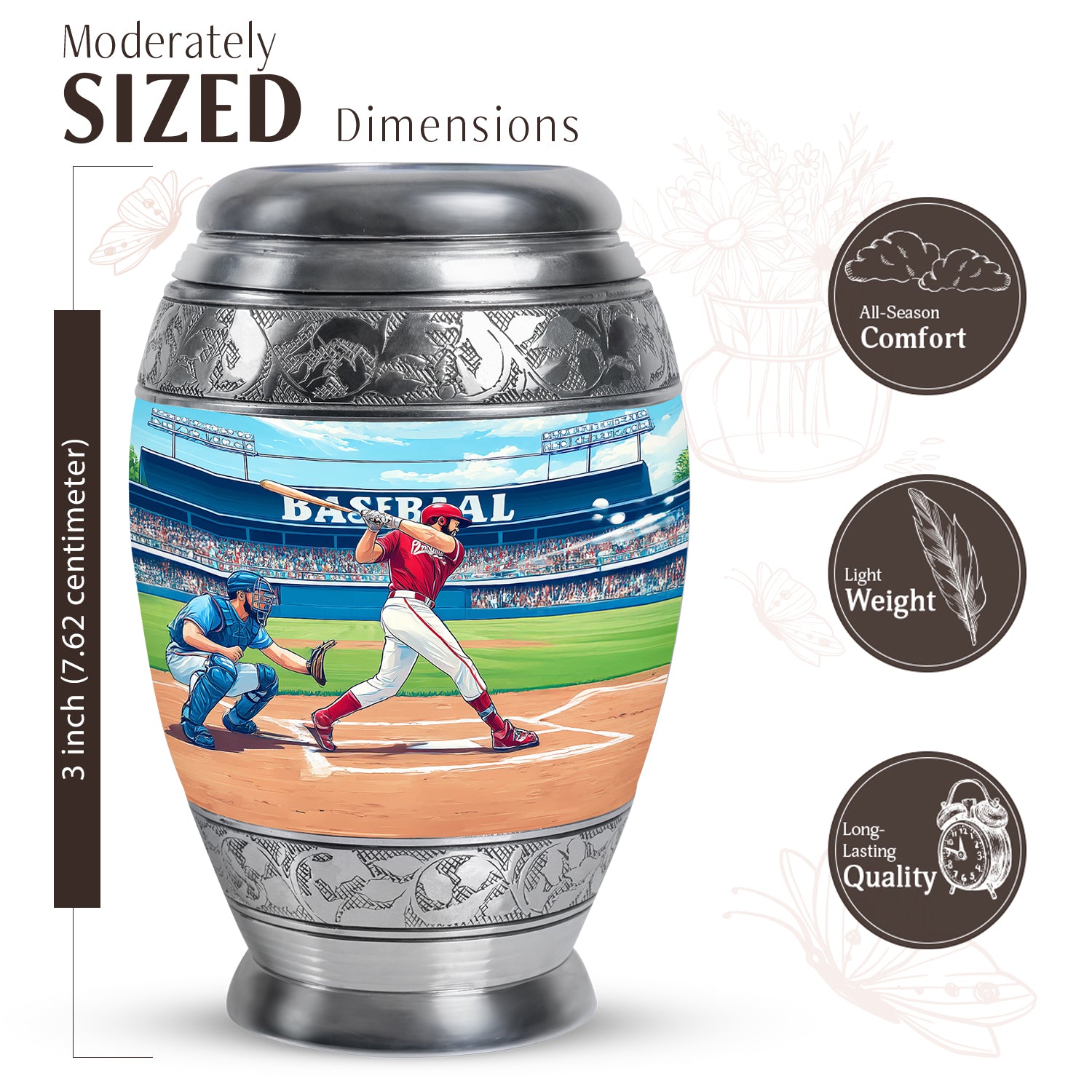 Tropical Teal Baseball Cremation Urn lifestyle display on memorial shelf - royal baseball engraving with decorative scrollwork - mini keepsake memorial for portion of cremation ashes