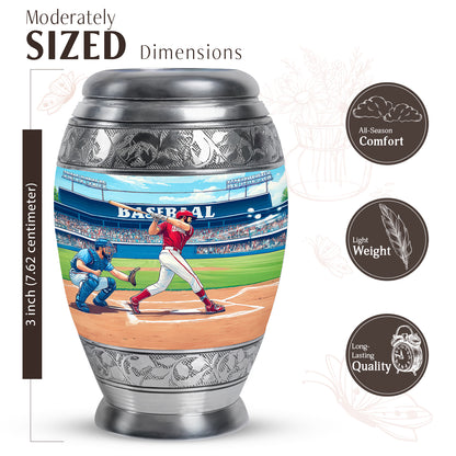 Tropical Teal Baseball Cremation Urn lifestyle display on memorial shelf - royal baseball engraving with decorative scrollwork - mini keepsake memorial for portion of cremation ashes