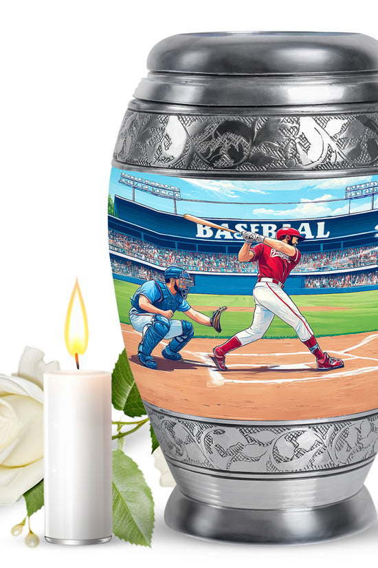 Aqua Teal Baseball Cremation Urn back view with polished surface - royal baseball engraving with decorative scrollwork - full-size 10 inch 200 cubic inch adult cremation urn