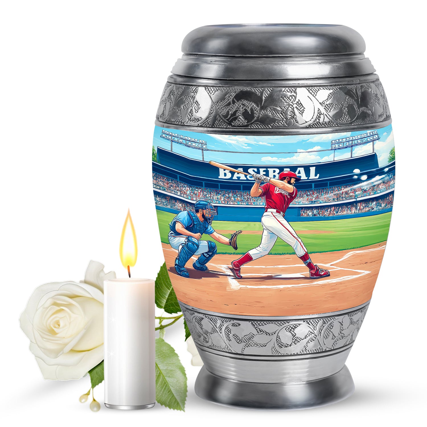 Aqua Teal Baseball Cremation Urn back view with polished surface - royal baseball engraving with decorative scrollwork - full-size 10 inch 200 cubic inch adult cremation urn