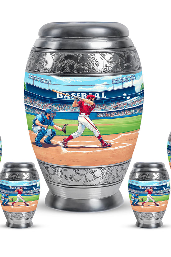 Sea Green Teal Baseball Cremation Urn detail view - regal baseball design with crown-inspired accents - memorial set with one large and four small urns