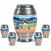Sea Green Teal Baseball Cremation Urn detail view - regal baseball design with crown-inspired accents - memorial set with one large and four small urns