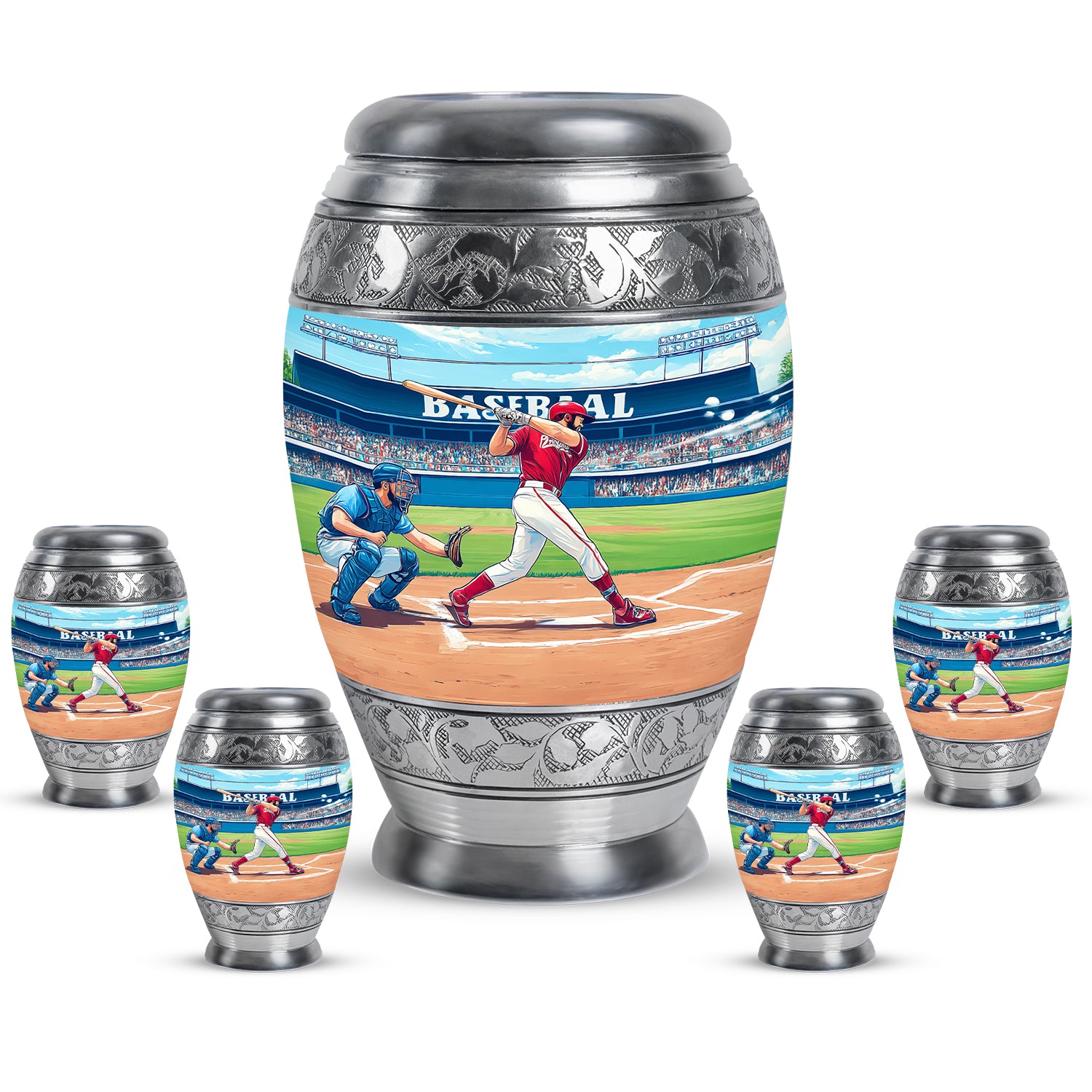 Sea Green Teal Baseball Cremation Urn detail view - regal baseball design with crown-inspired accents - memorial set with one large and four small urns