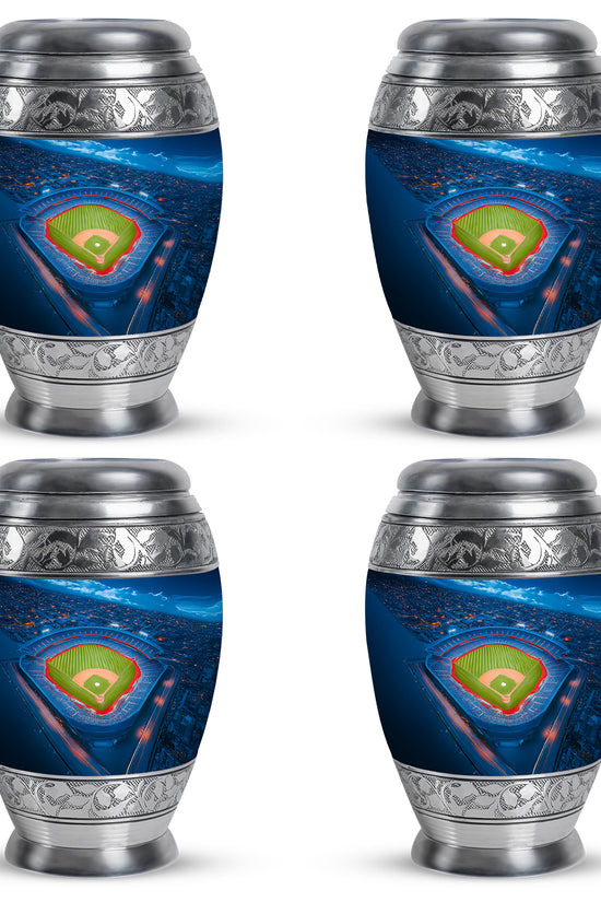 Celestial Blue Baseball Cremation Urn urn with complimentary velvet bag - ornate monarch-style baseball relief on brushed aluminum - 10 inch aluminum urn for cremated remains