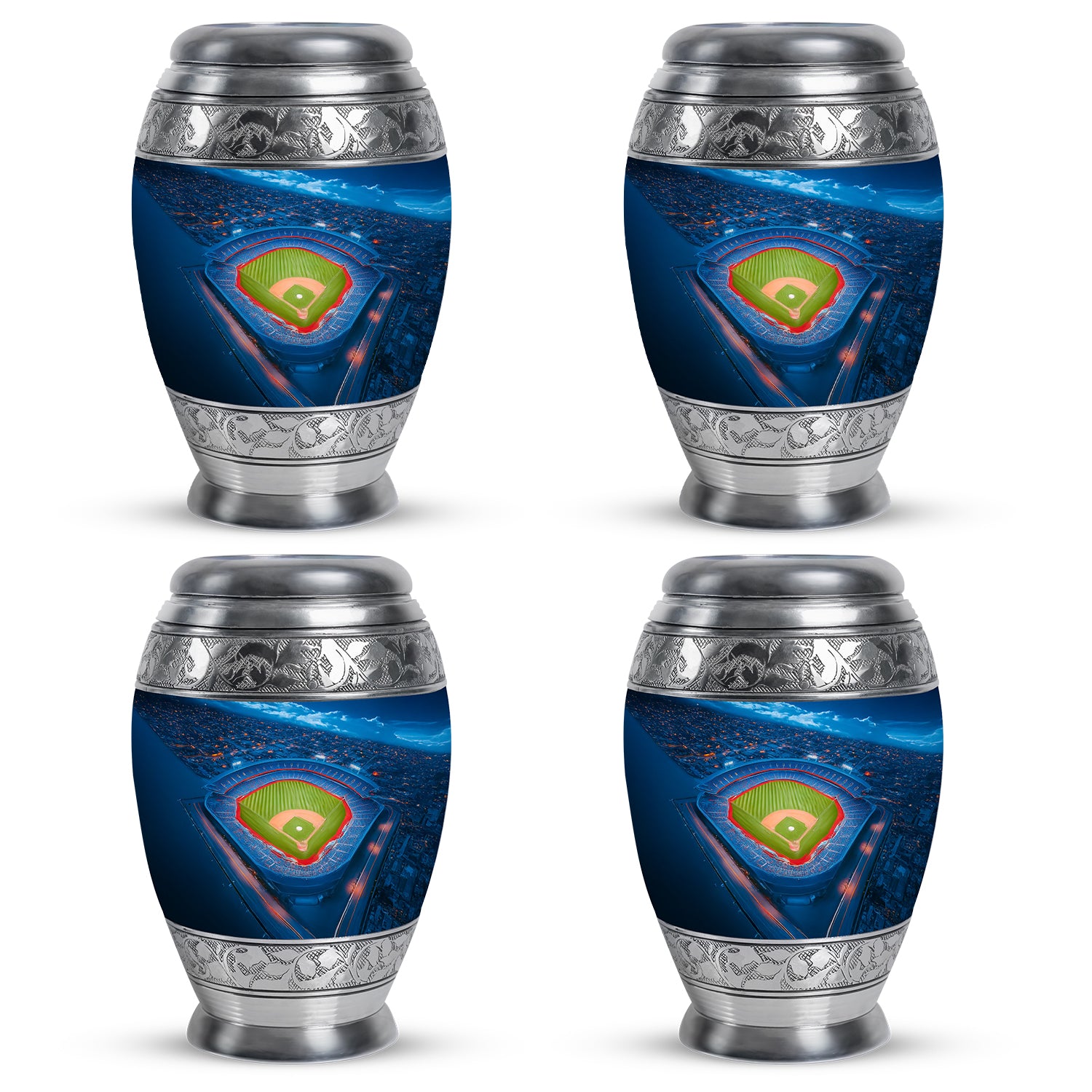 Celestial Blue Baseball Cremation Urn urn with complimentary velvet bag - ornate monarch-style baseball relief on brushed aluminum - 10 inch aluminum urn for cremated remains