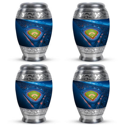 Celestial Blue Baseball Cremation Urn urn with complimentary velvet bag - ornate monarch-style baseball relief on brushed aluminum - 10 inch aluminum urn for cremated remains