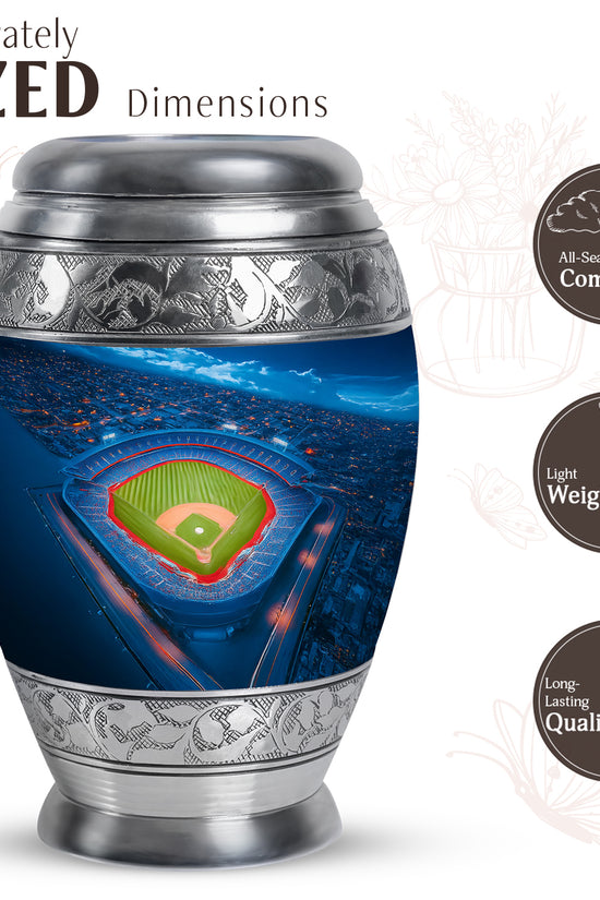 Misty Blue Baseball Cremation Urn lifestyle display on memorial shelf - regal baseball design with crown-inspired accents - mini keepsake memorial for portion of cremation ashes