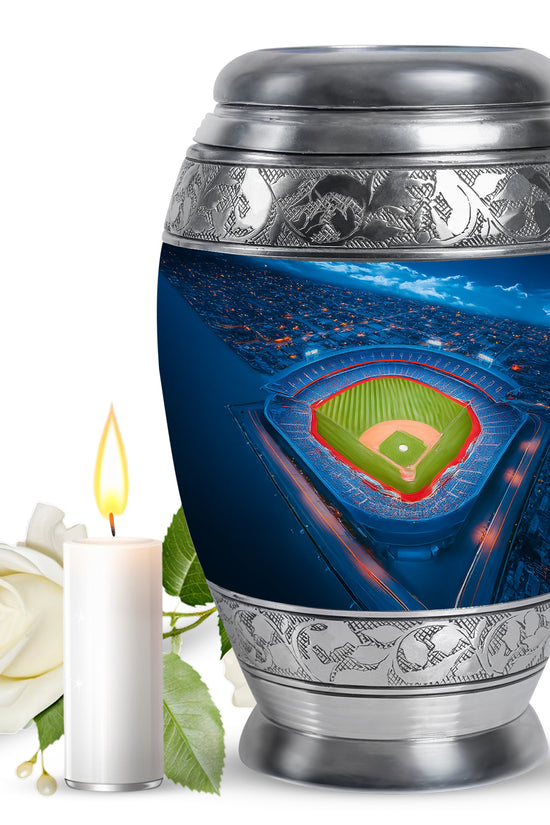 Misty Blue Baseball Cremation Urn back view with polished surface - regal baseball design with crown-inspired accents - full-size 10 inch 200 cubic inch adult cremation urn