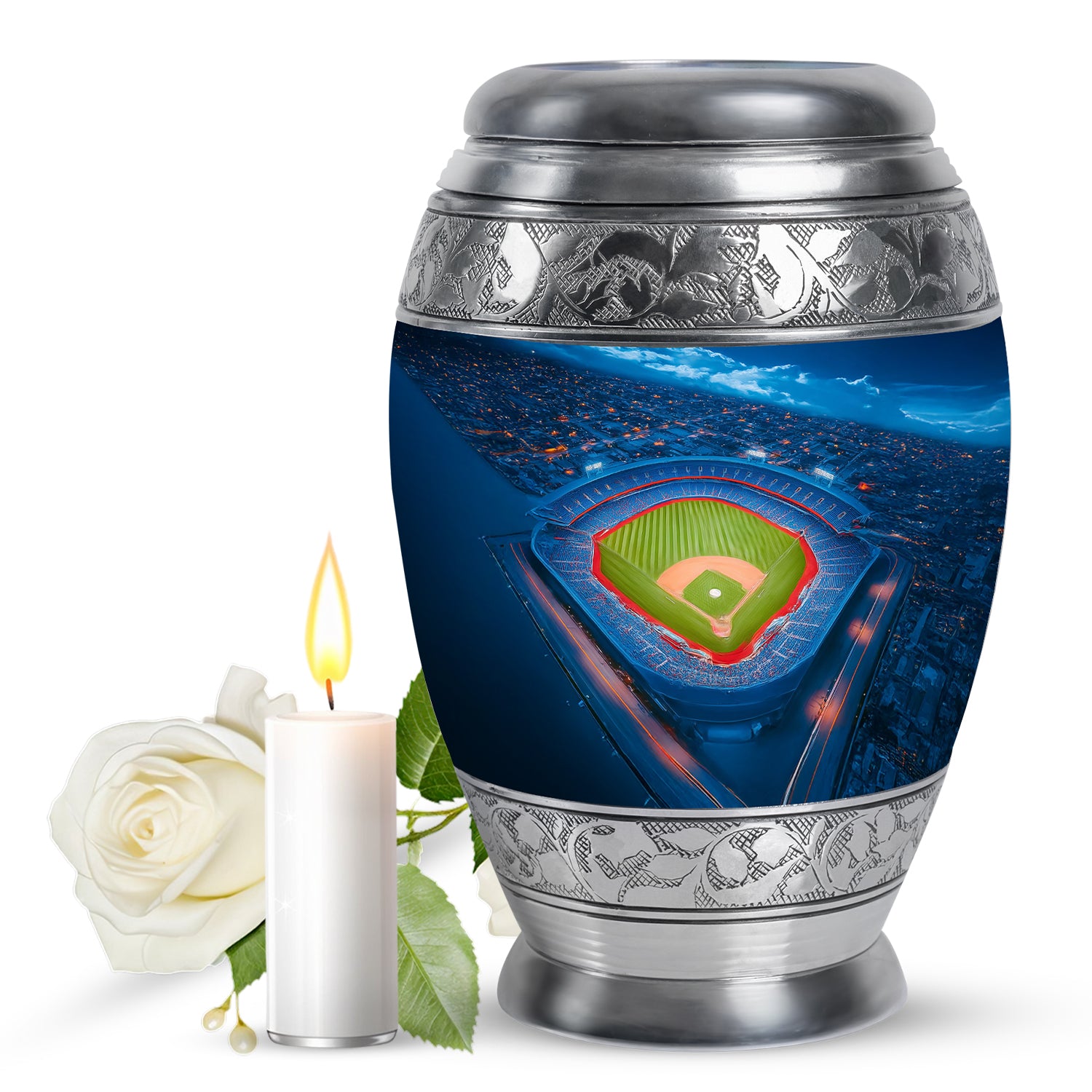 Misty Blue Baseball Cremation Urn back view with polished surface - regal baseball design with crown-inspired accents - full-size 10 inch 200 cubic inch adult cremation urn